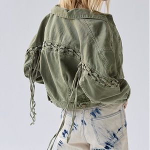 NWT! Urban Outfitters Green Crop BDG Samarria Laced Fringe Denim Trucker Jacket